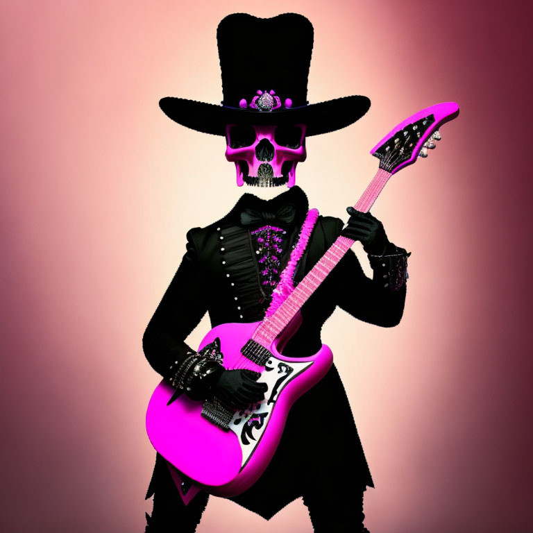 Skeleton in Black Outfit Playing Pink Electric Guitar on Pink Background