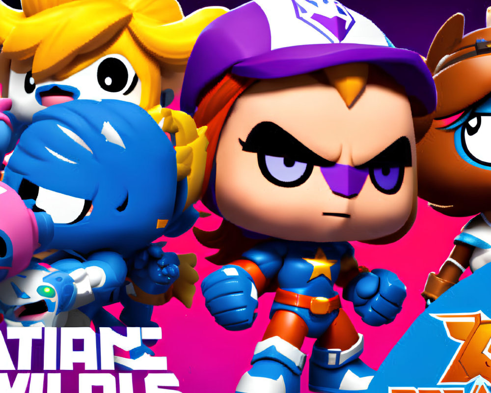 Vibrant combat-ready animated characters with superhero in determined pose on purple background