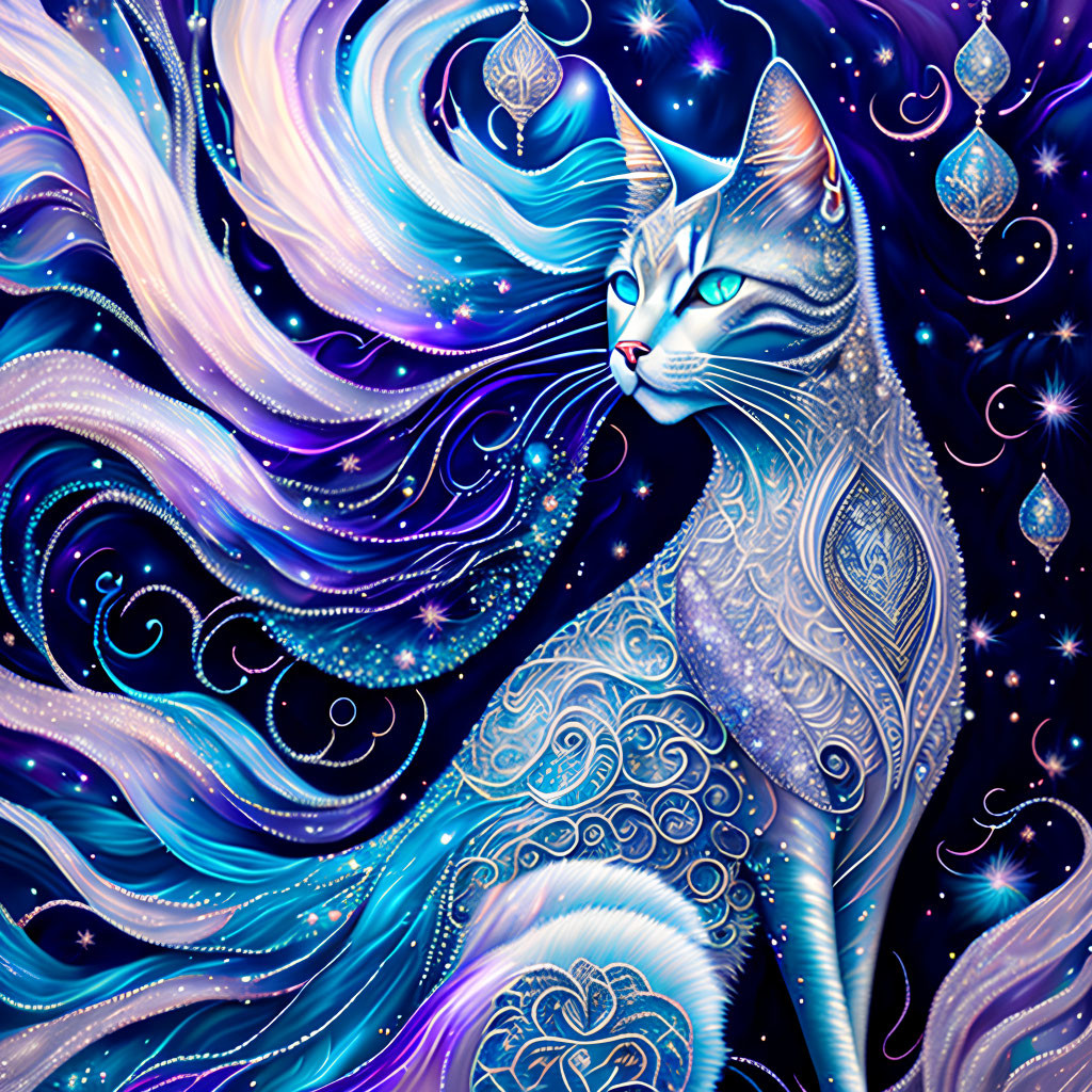 Colorful Artistic Cat with Cosmic Background in Blue and Purple