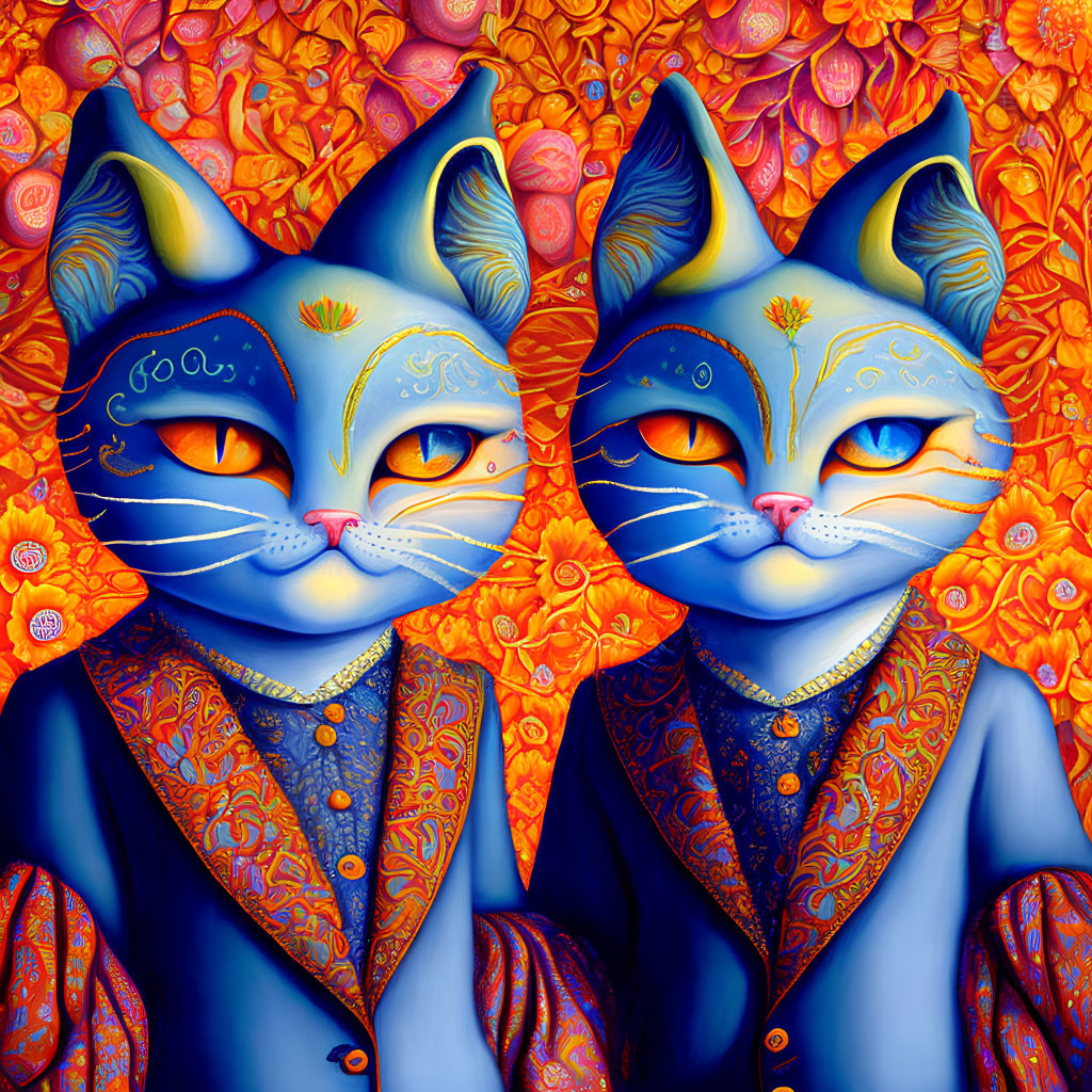 Vibrant Blue Whimsical Cats in Ornate Suits with Golden Accents