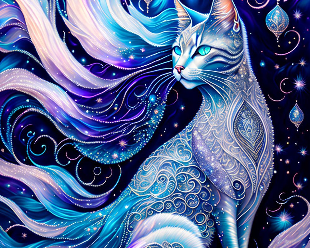 Colorful Artistic Cat with Cosmic Background in Blue and Purple