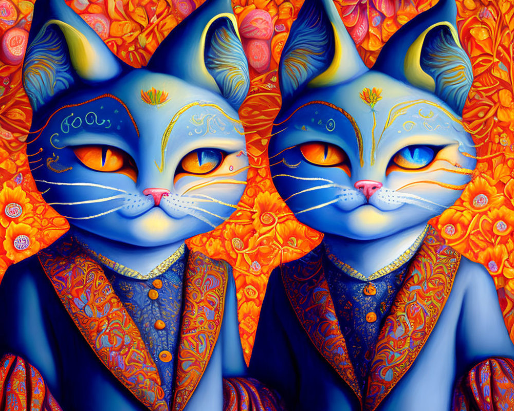 Vibrant Blue Whimsical Cats in Ornate Suits with Golden Accents