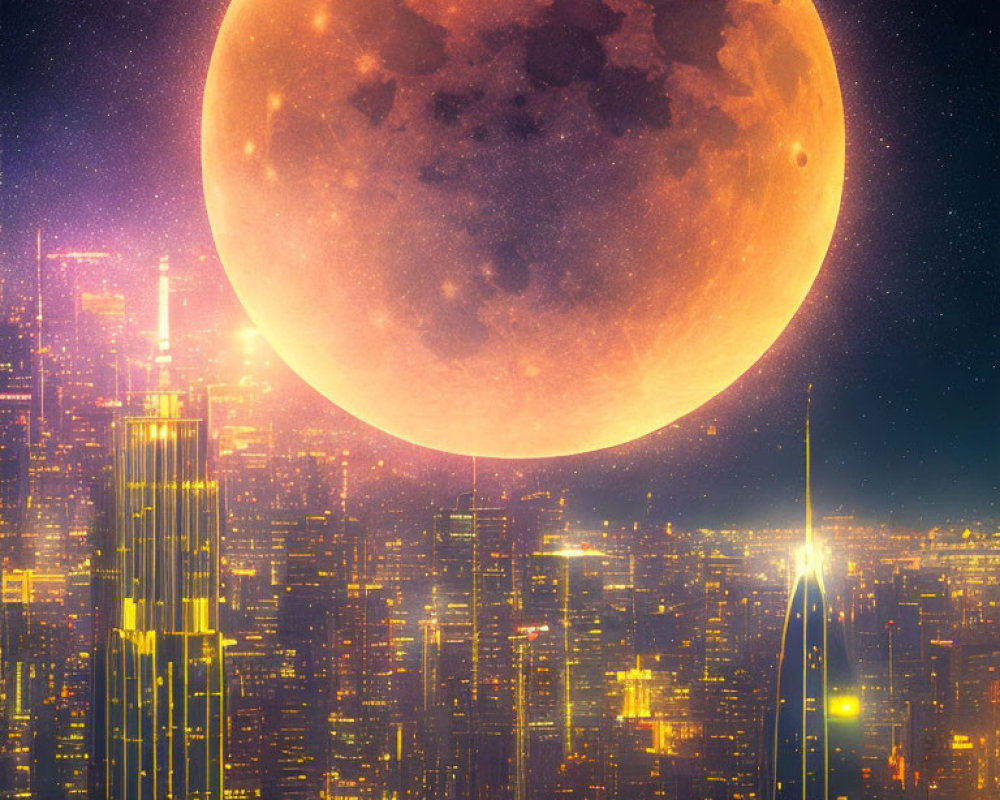 Futuristic cityscape with radiant skyscrapers under a large moon