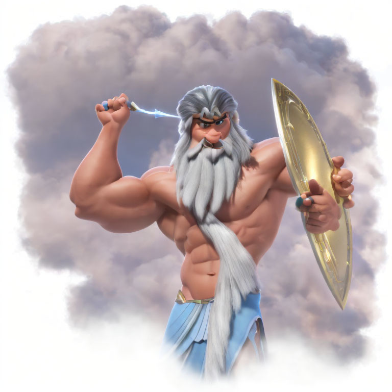 Muscular bearded character with lightning bolt and shield on cloudy sky background