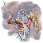 Muscular bearded character with lightning bolt and shield on cloudy sky background