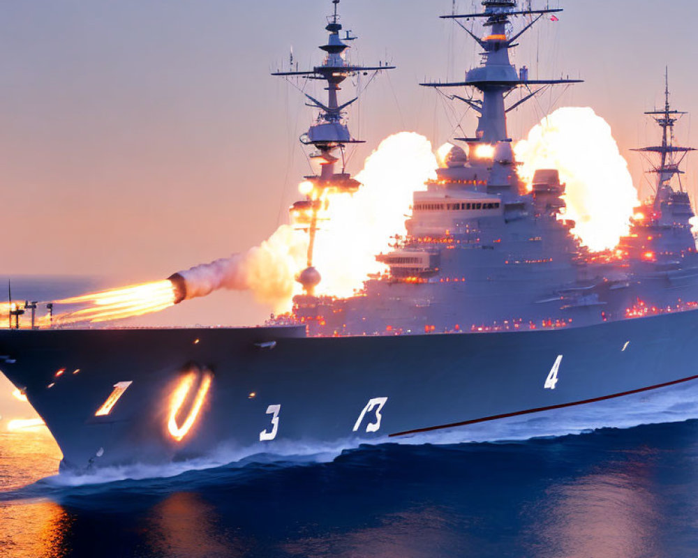 Naval Fleet Firing Missiles at Sea at Twilight