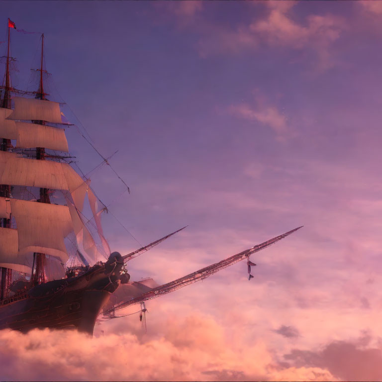 Tall ship with billowing sails in vibrant sky