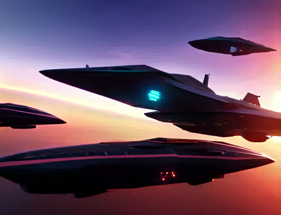 Futuristic spacecrafts with sleek designs in twilight sky.