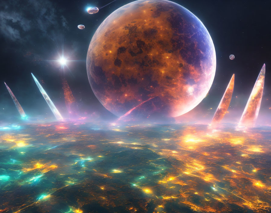 Luminous cosmic landscape with orange planet and celestial bodies