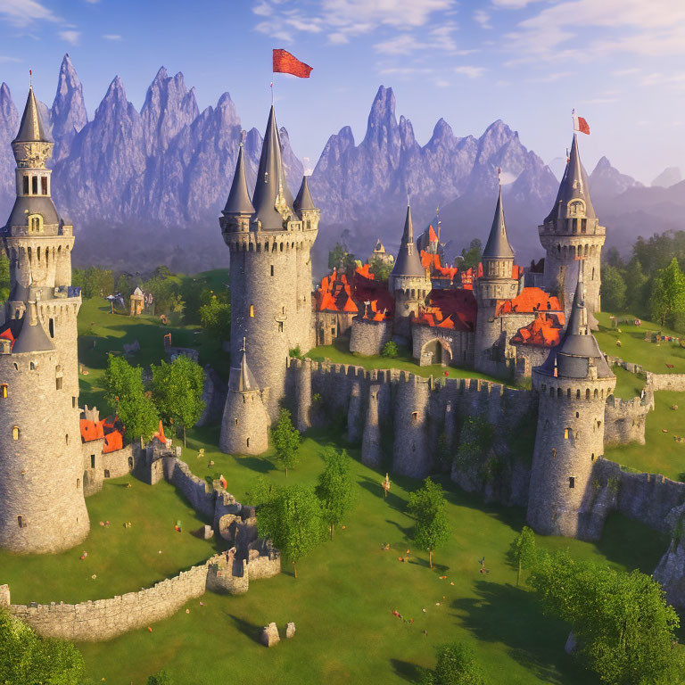 Medieval castle with red roofs, towers, and stone wall in lush landscape