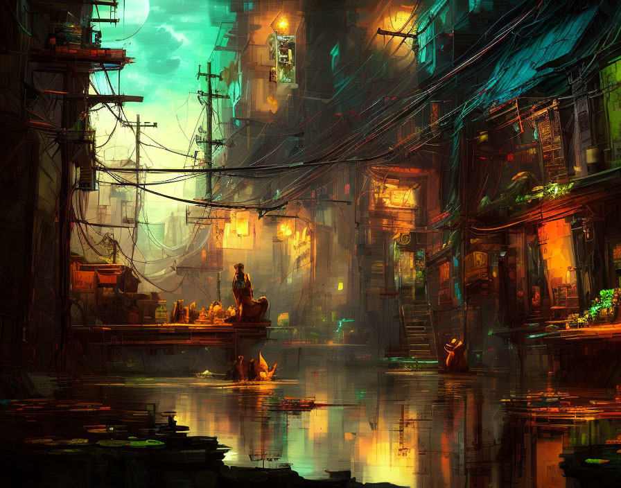 Moody cyberpunk cityscape with neon signs and lone figure