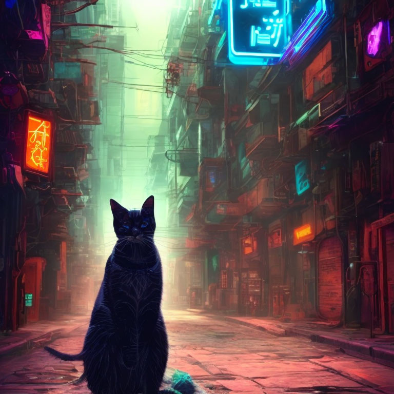 Black Cat in Neon-Lit Cyberpunk Alleyway