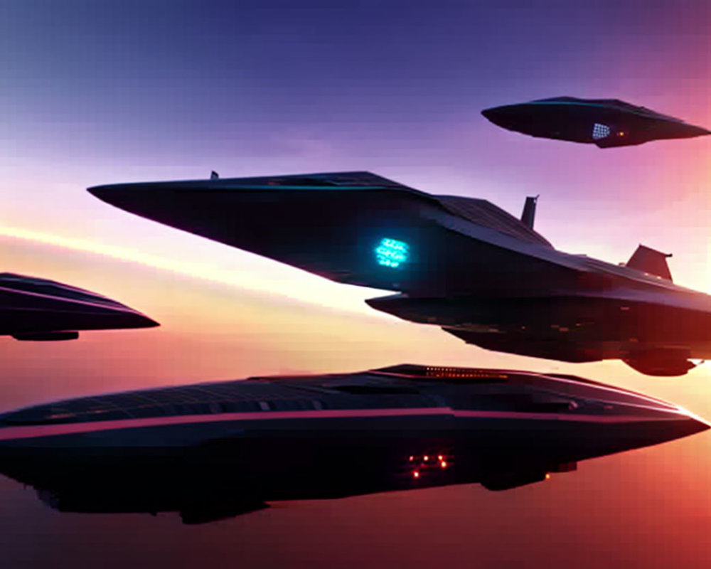 Futuristic spacecrafts with sleek designs in twilight sky.