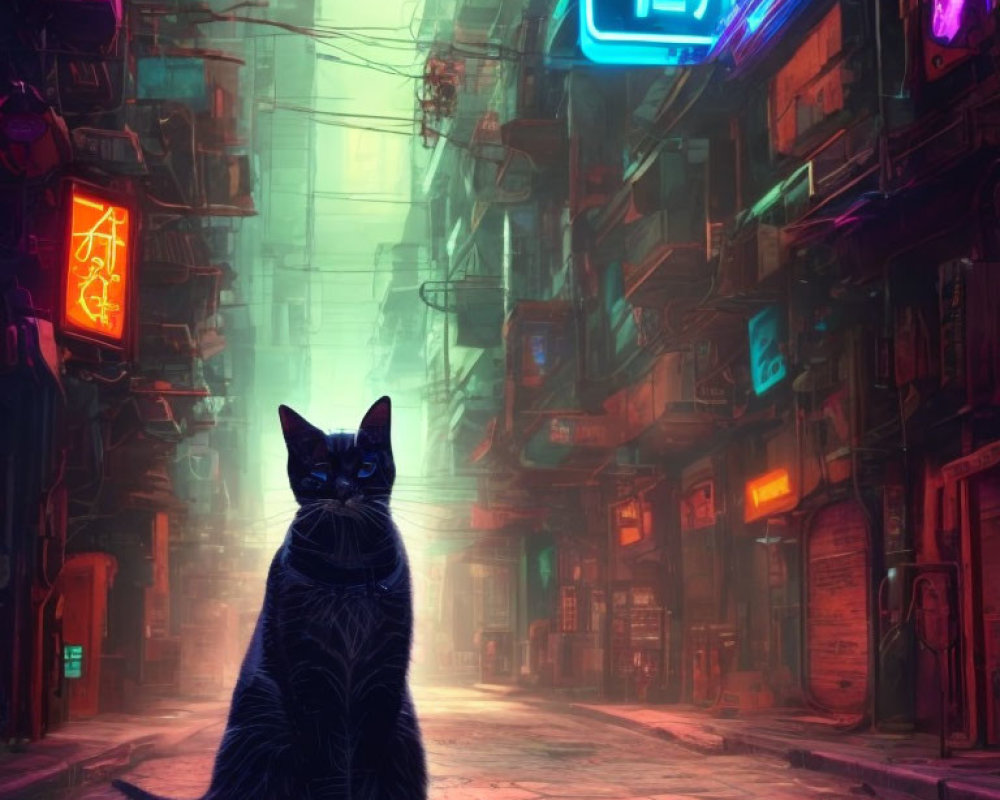 Black Cat in Neon-Lit Cyberpunk Alleyway