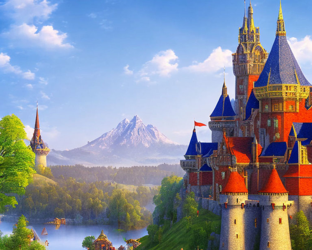 Majestic fairytale castle with spires, red roofs, village, river, and mountain