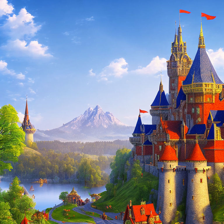 Majestic fairytale castle with spires, red roofs, village, river, and mountain