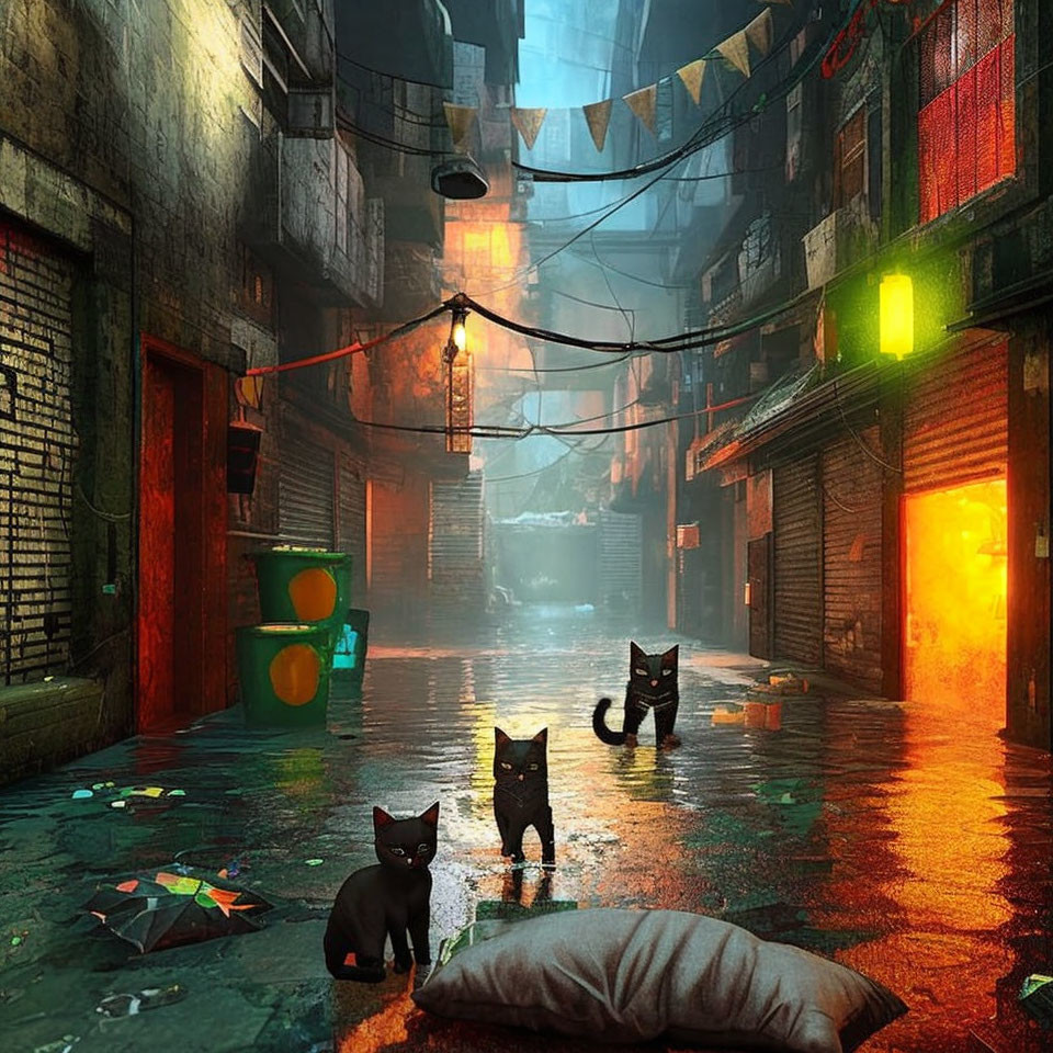 Three Cats in Wet Street with Colorful Lights and Reflective Puddles at Dusk or Dawn