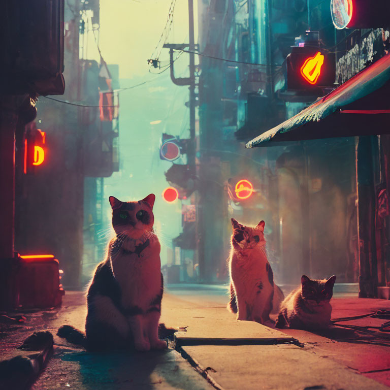 Three Cats in Moody Neon-Lit Night Alleyway