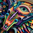 Colorful abstract owl image with vibrant rainbow feathers and detailed eye.