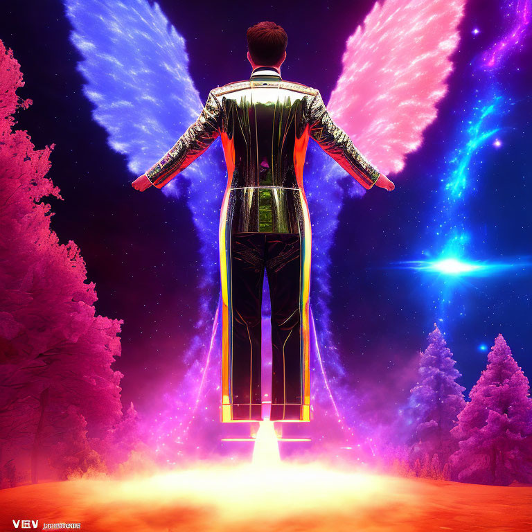 Futuristic suit person with neon wings in cosmic forest scene