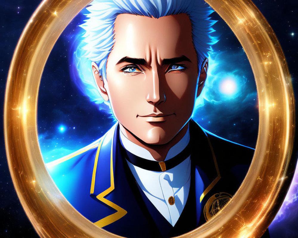 Animated portrait: Male character with white hair and blue eyes in golden circle on starry space background