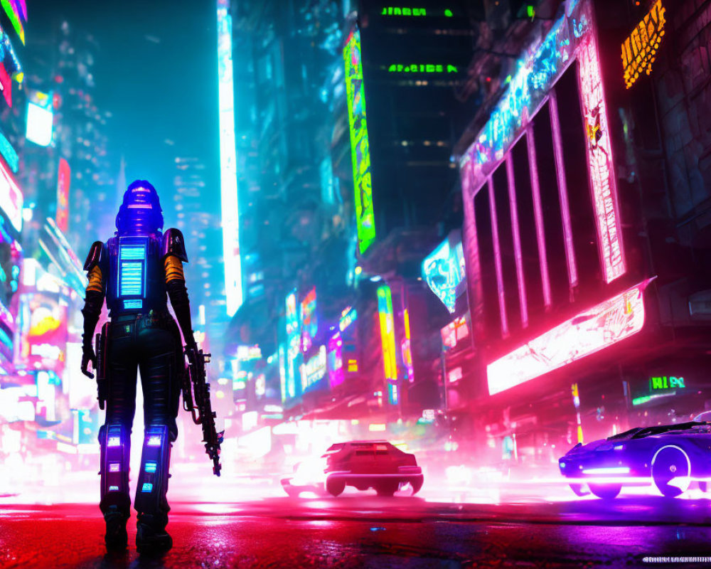 Futuristic city at night with neon lights, figure in space suit, and sleek cars.