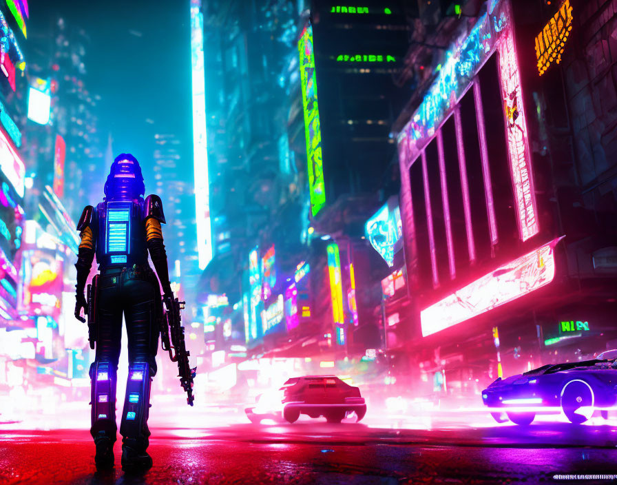 Futuristic city at night with neon lights, figure in space suit, and sleek cars.