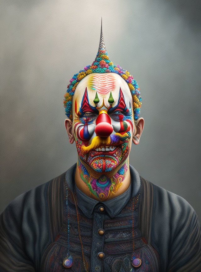 Colorful Clown with Face Tattoos and Flowered Hat on Gray Background