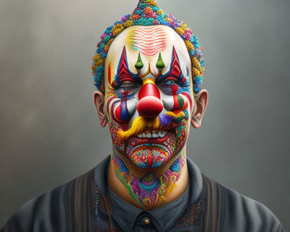 Colorful Clown with Face Tattoos and Flowered Hat on Gray Background