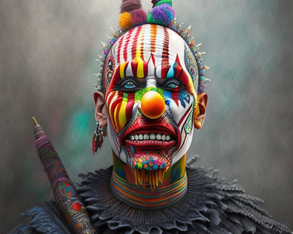 Colorful clown makeup with tattoos, feathered collar, and piercings.