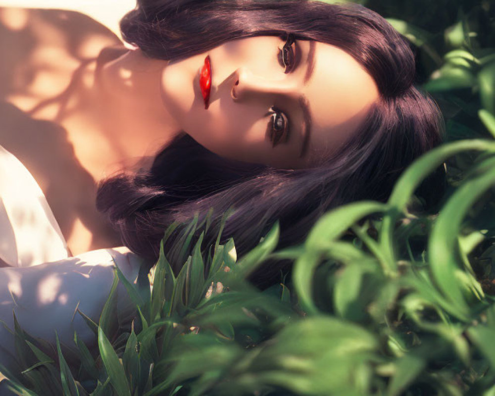 Dark-haired porcelain doll surrounded by lush green leaves under sunlight.