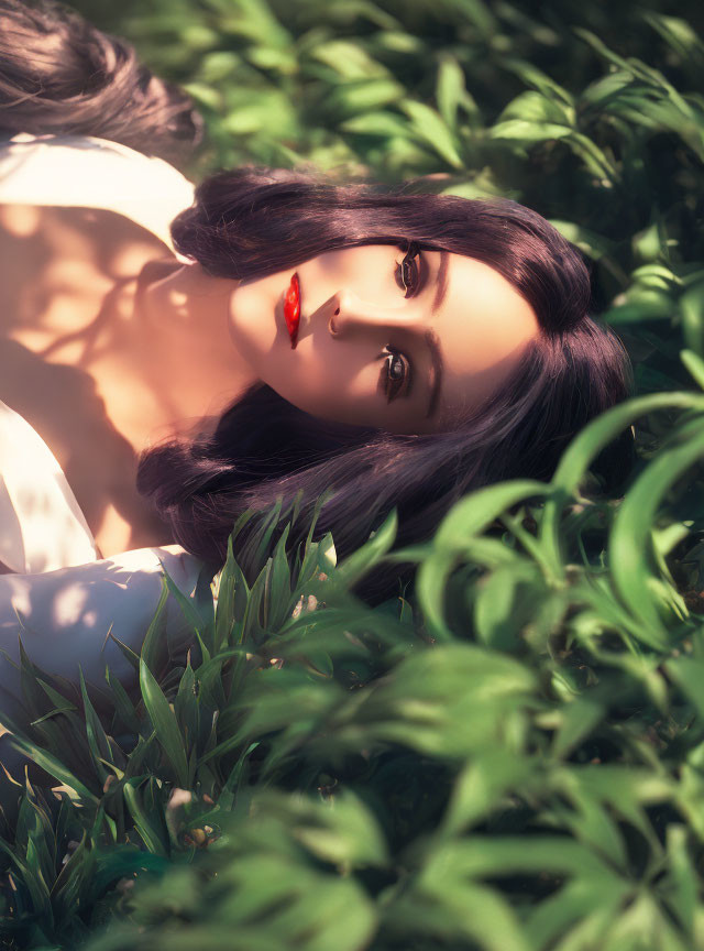 Dark-haired porcelain doll surrounded by lush green leaves under sunlight.