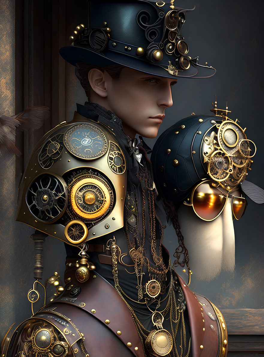 Steampunk-themed digital artwork with intricate gear mechanisms and metallic details