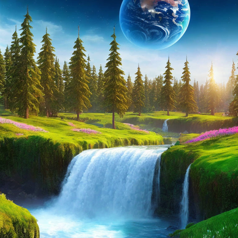 Vibrant surreal landscape with cascading waterfall and oversized planet