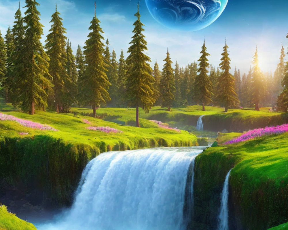 Vibrant surreal landscape with cascading waterfall and oversized planet