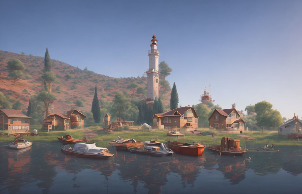 Scenic lakeside village with boats, houses, and lighthouse at sunset