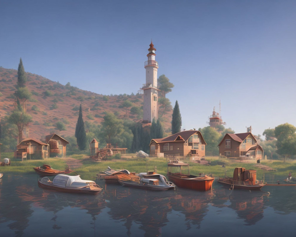 Scenic lakeside village with boats, houses, and lighthouse at sunset