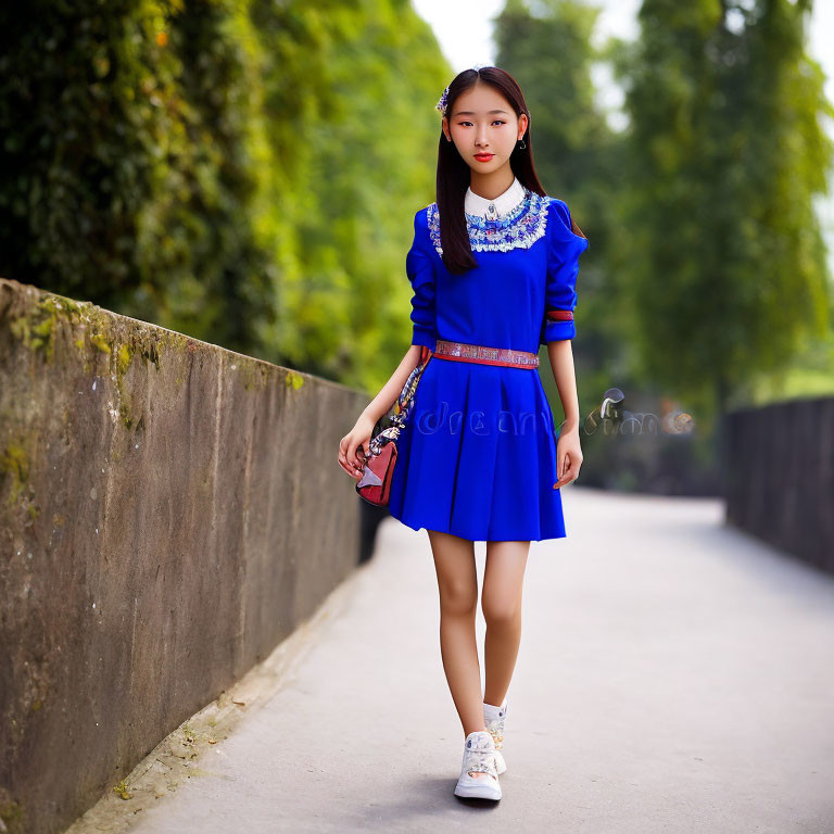 Young woman in vibrant blue dress walks along stone wall with red and black bag.