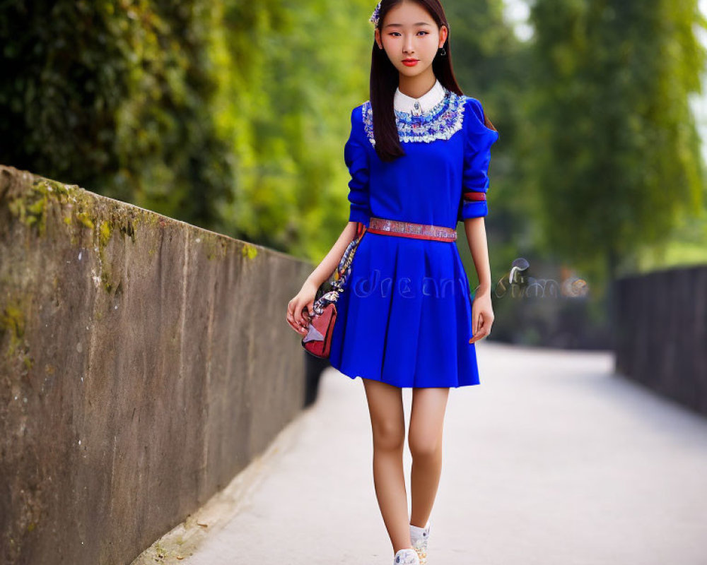 Young woman in vibrant blue dress walks along stone wall with red and black bag.