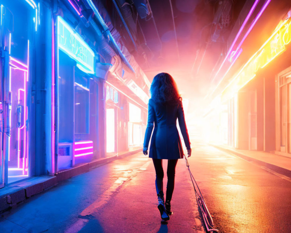Person walking in neon-lit alleyway towards vibrant light at night