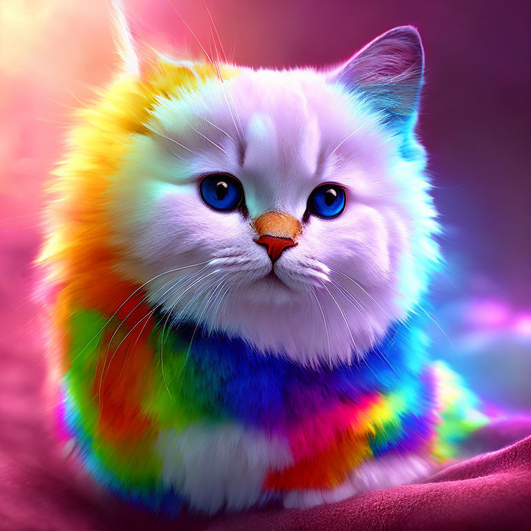 Multicolored rainbow cat with blue eyes on pink background