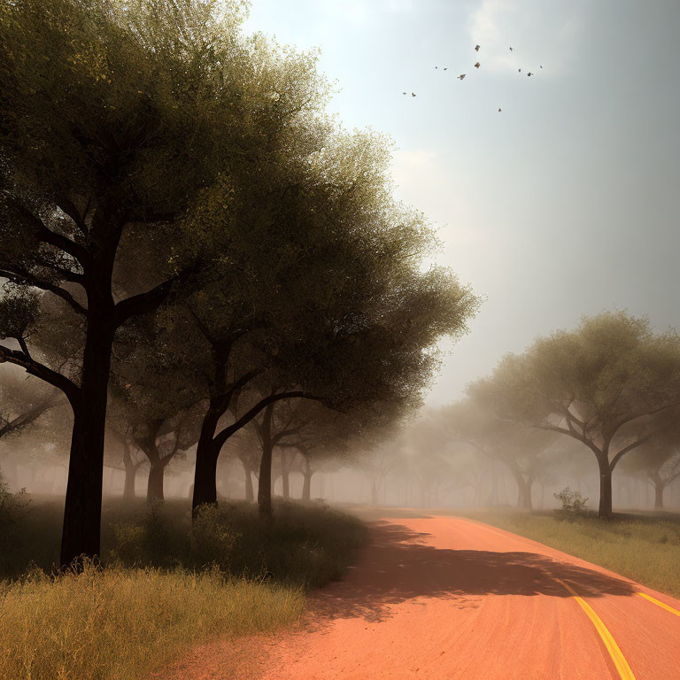 Sunlit Road Through Misty Forest with Trees and Birds