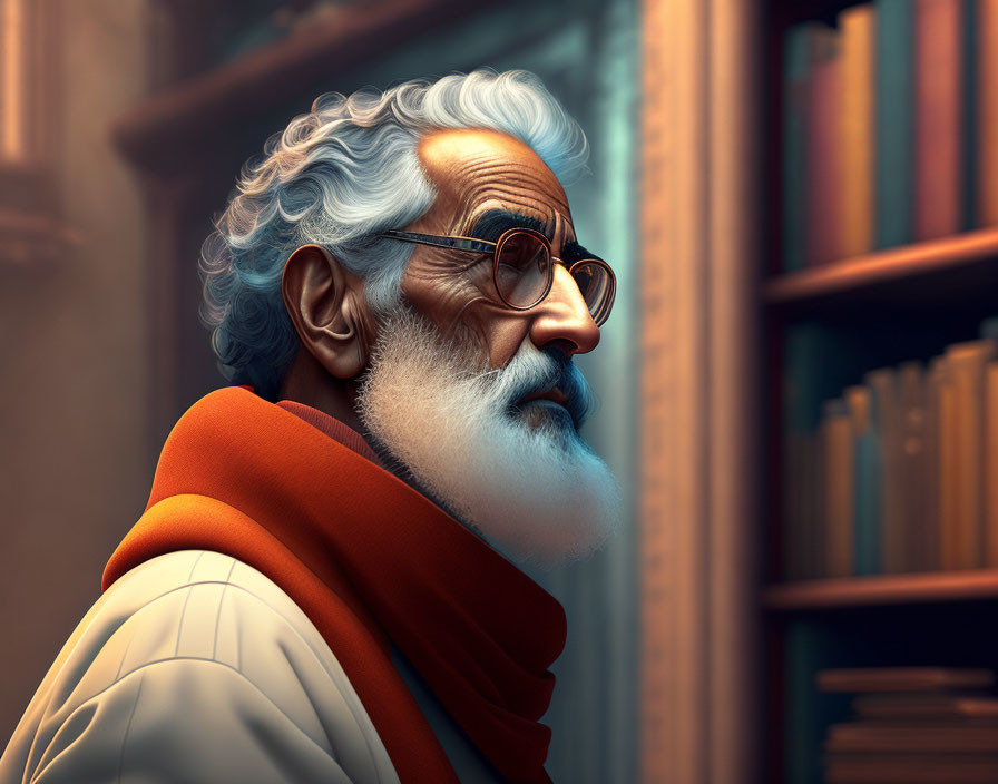 Elderly man with white hair and beard, glasses, and scarf in profile against bookshelves