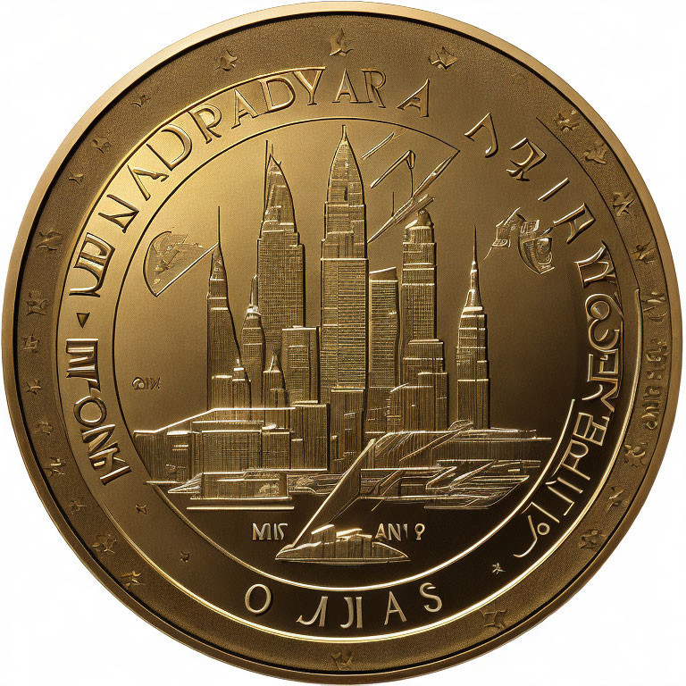 Golden Coin with Embossed City Skyline and Celestial Designs for Commemorative Purpose