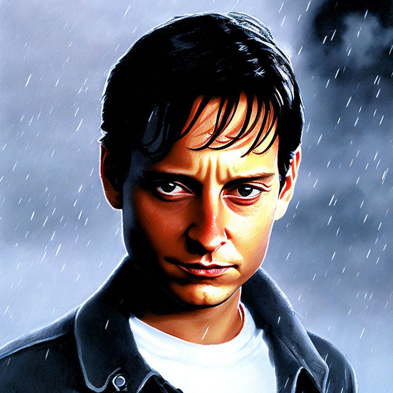 Serious man portrait in jacket with rainy background