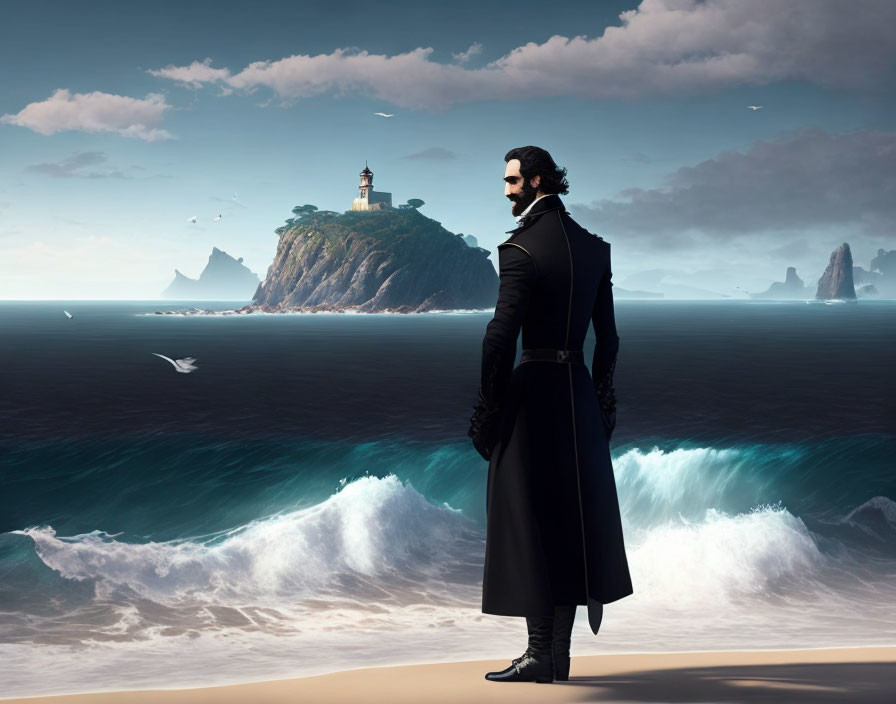 Bearded man in black coat gazes at distant lighthouse on rocky islet