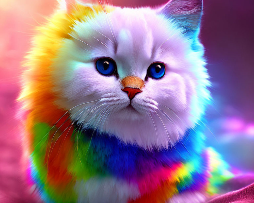 Multicolored rainbow cat with blue eyes on pink background