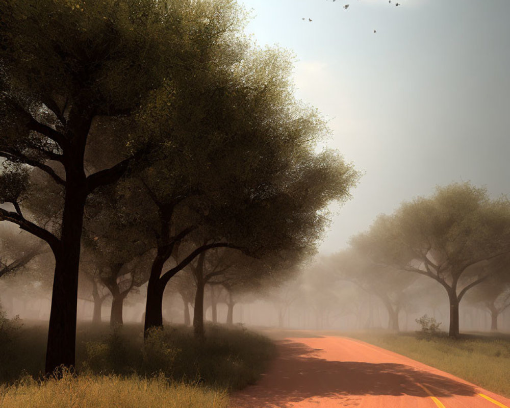 Sunlit Road Through Misty Forest with Trees and Birds