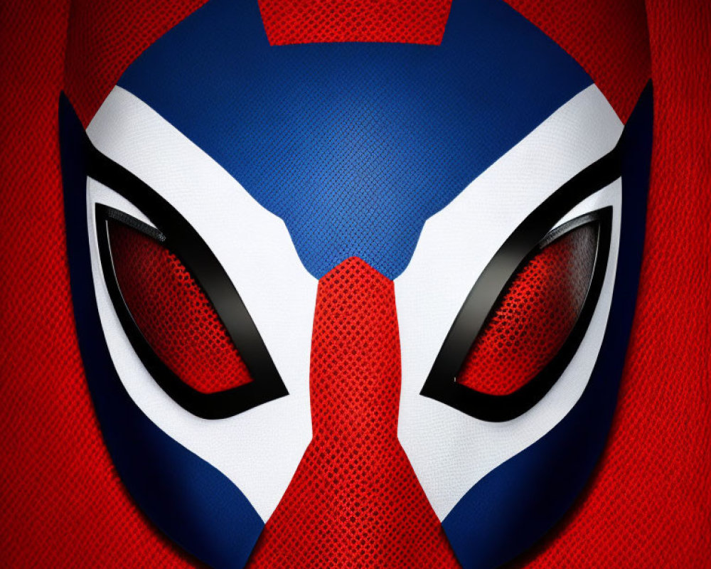 Detailed red, white, and blue superhero-themed mask with angular eyes