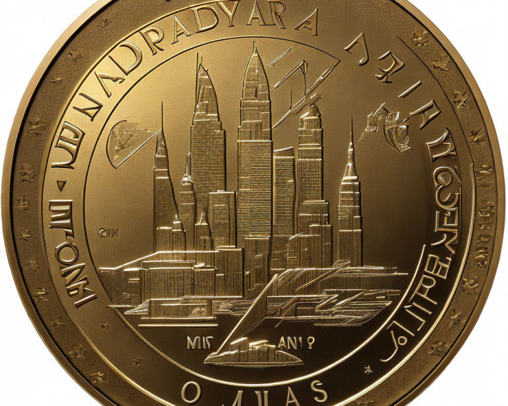 Golden Coin with Embossed City Skyline and Celestial Designs for Commemorative Purpose